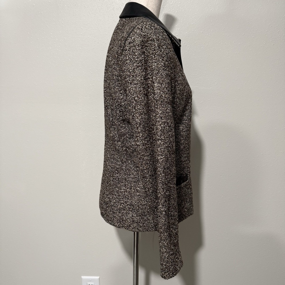 Dana Buchman Wool Blend Open Front Brown Tweed Blazer Black Leather Trim Size 8 - Picture 3 of 11